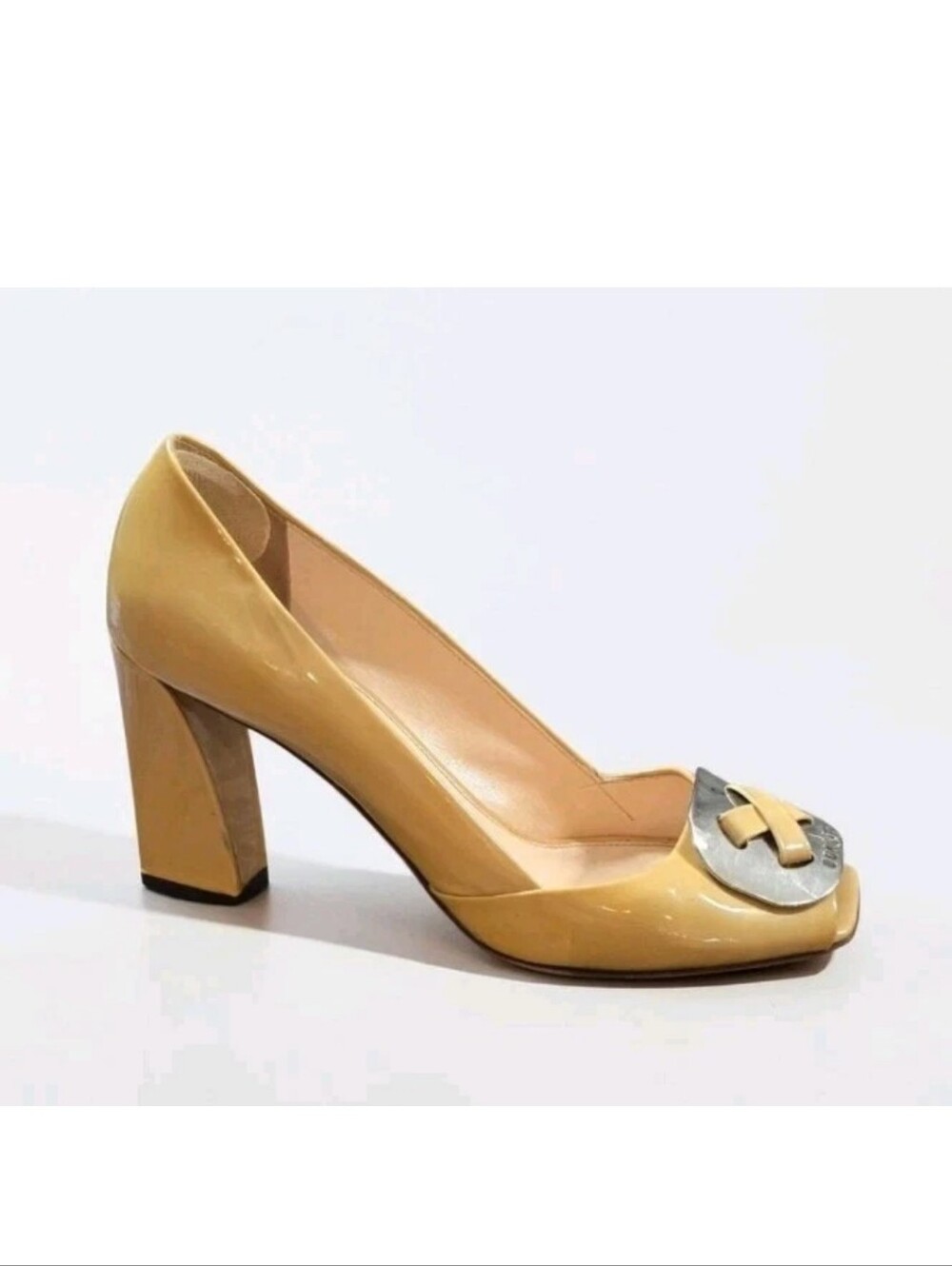 Prada Patent Leather Peep Toe Pumps Size 38 Beige Yellow Block Heel Italy